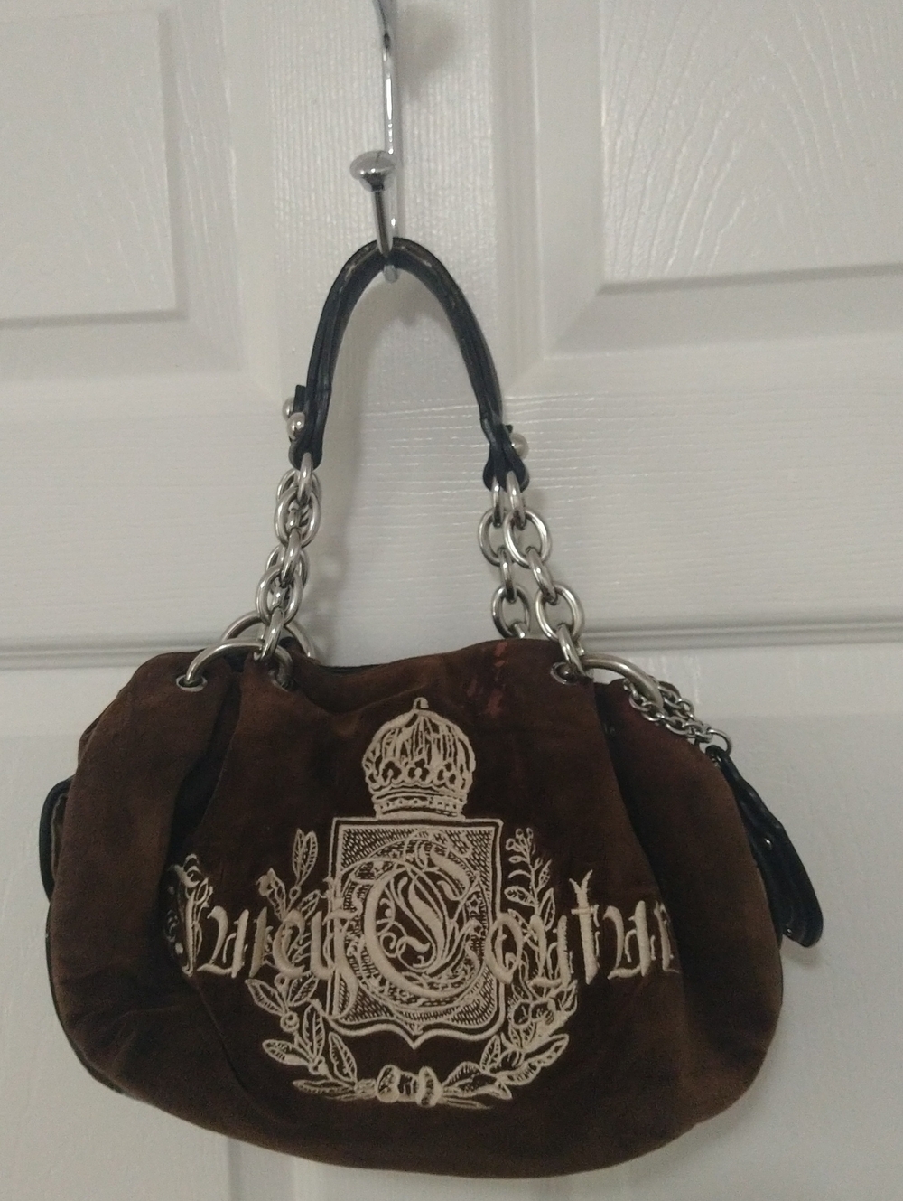 Juicy Couture Brown Suede Embroidered Crest Shoulder Bag with Silver Chain
